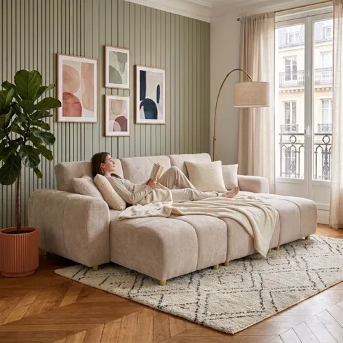 Canapé d'angle convertible méridienne réversible MATCHA tissu texturé beige
