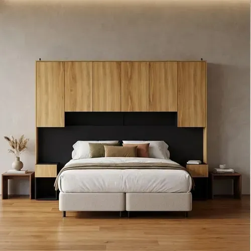 Tête de lit avec rangements 140/160 cm OLIVIA imitation chêne et noir vue d'ambiance 1