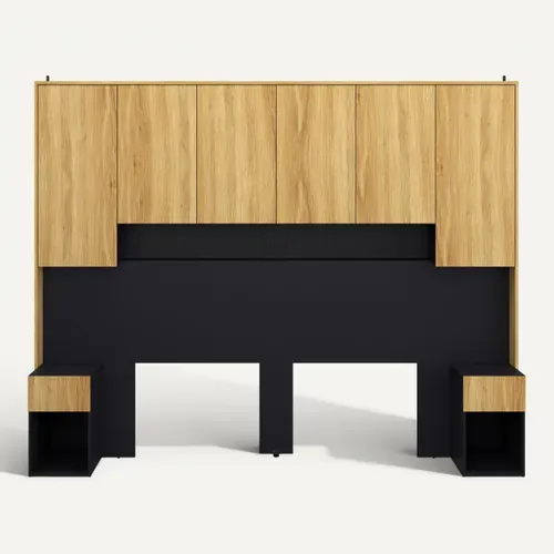 Tête de lit avec rangements 140/160 cm OLIVIA imitation chêne et noir vue de face