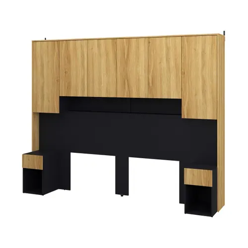 Tête de lit avec rangements 140/160 cm OLIVIA imitation chêne et noir vue de profil
