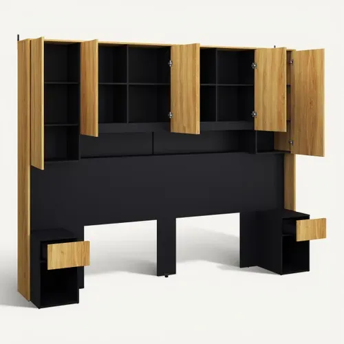 Tête de lit avec rangements 140/160 cm OLIVIA imitation chêne et noir