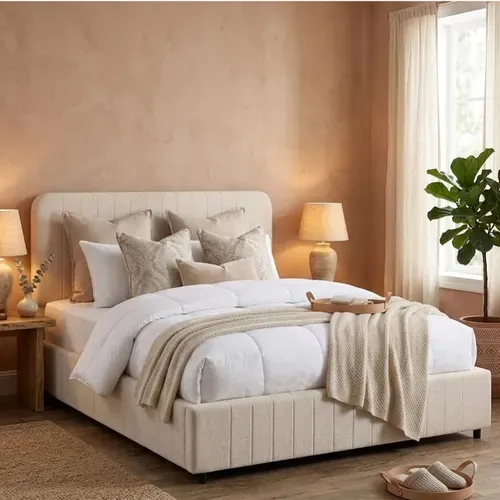 Lit coffre 140x190 cm KIAN tissu velours beige vue d'ambiance 1