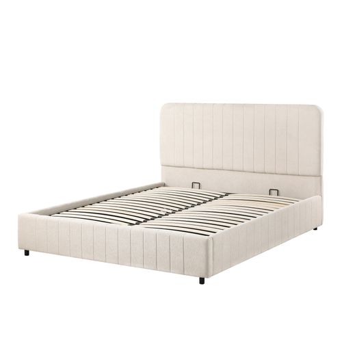 Lit coffre 140x190 cm KIAN tissu velours beige vue de profil