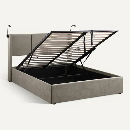 Lit coffre 140x190 cm avec lampes de lecture NOEMIE velours gris foncé