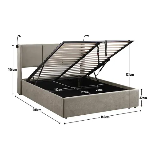 Lit coffre 140x190 cm avec lampes de lecture NOEMIE velours gris foncé