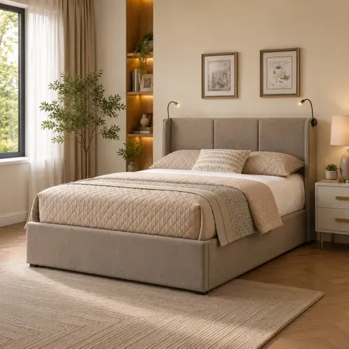 Lit coffre 160x200 cm avec lampes de lecture NOEMIE velours gris foncé vue d'ambiance 1