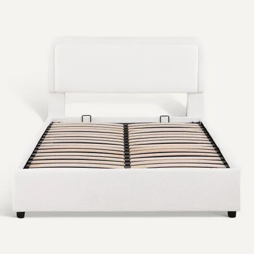 Lit coffre 160x200 cm avec LED SALOME tissu bouclette blanche vue de face