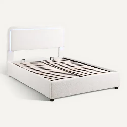 Lit coffre 160x200 cm avec LED SALOME tissu bouclette blanche vue 3/4