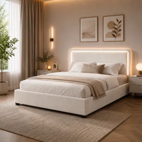 Lit coffre 140x190 cm avec LED SALOME tissu bouclette blanche vue d'ambiance 1