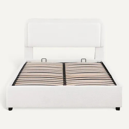 Lit coffre 140x190 cm avec LED SALOME tissu bouclette blanche vue de face