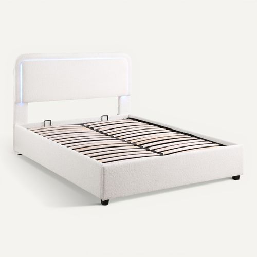 Lit coffre 140x190 cm avec LED SALOME tissu bouclette blanche vue 3/4