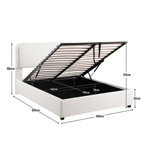 Lit coffre 140x190 cm avec LED SALOME tissu bouclette blanche