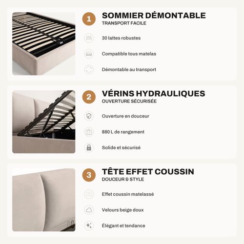 Lit coffre 140x190 cm COSY effet coussin tissu velours beige vue accessoires