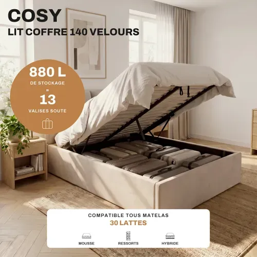 Lit coffre 140x190 cm COSY effet coussin tissu velours beige