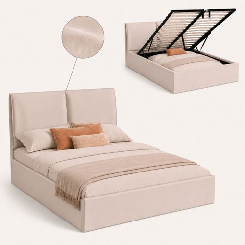 Lit coffre 140x190 cm COSY effet coussin tissu velours beige vue 3/4