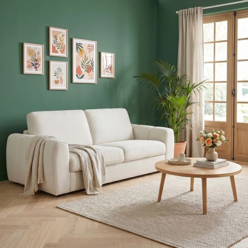Canapé fixe convertible express 3 places LEO tissu beige - matelas 12 cm vue d'ambiance 1