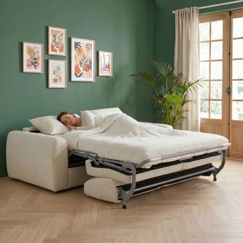 Canapé fixe convertible express 3 places LEO tissu beige - matelas 12 cm