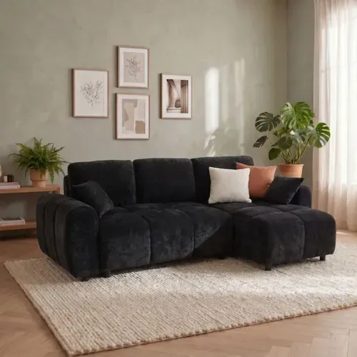 Canapé d'angle convertible méridienne réversible MATCHA tissu texturé noir vue d'ambiance 1
