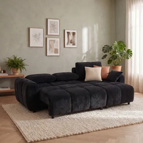 Canapé d'angle convertible méridienne réversible MATCHA tissu texturé noir
