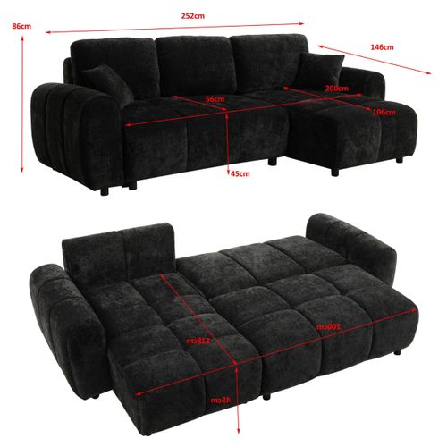 Canapé d'angle convertible méridienne réversible MATCHA tissu texturé noir