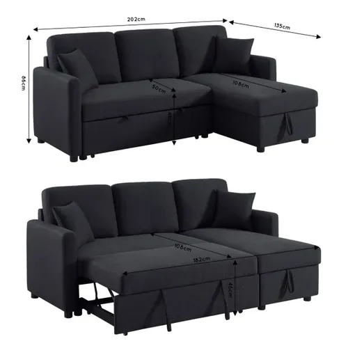 Canapé d'angle convertible méridienne réversible KIM tissu noir
