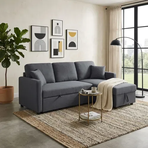 Canapé d'angle convertible méridienne réversible KIM en tissu gris vue d'ambiance 1