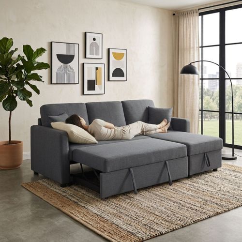 Canapé d'angle convertible méridienne réversible KIM en tissu gris