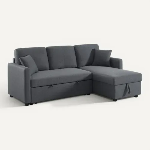 Canapé d'angle convertible méridienne réversible KIM en tissu gris vue 3/4