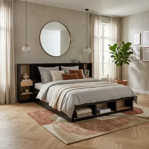 Lit coffre avec tête de lit rangement 140x190 cm AURE imitation chêne et noir vue d'ambiance 1