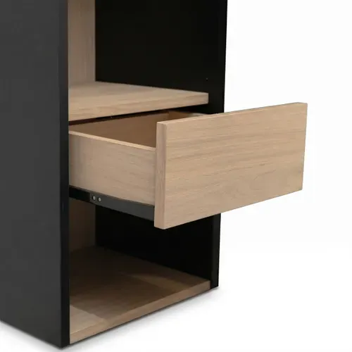 Lit coffre avec tête de lit rangement 140x190 cm AURE imitation chêne et noir vue détaillée