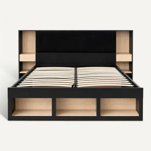 Lit coffre avec tête de lit rangement 140x190 cm AURE imitation chêne et noir vue de face