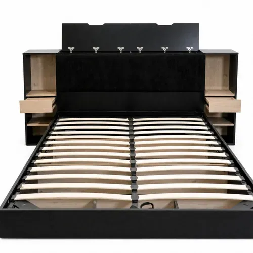 Lit coffre avec tête de lit rangement 140x190 cm AURE imitation chêne et noir vue de profil