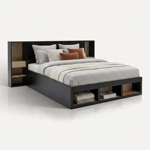 Lit coffre avec tête de lit rangement 140x190 cm AURE imitation chêne et noir vue 3/4
