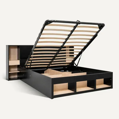Lit coffre avec tête de lit rangement 140x190 cm AURE imitation chêne et noir