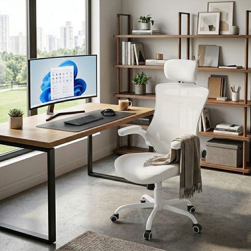 Fauteuil de bureau ergonomique gamer MERLON tissu blanc vue d'ambiance 1