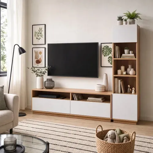 Meuble TV L.185 cm BASILLE Blanc et Imitation chêne vue d'ambiance 1
