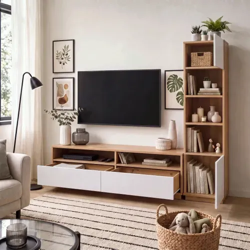 Meuble TV L.185 cm BASILLE Blanc et Imitation chêne