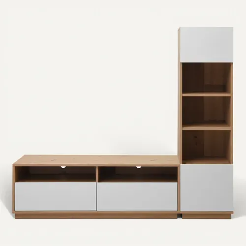 Meuble TV L.185 cm BASILLE Blanc et Imitation chêne vue de face
