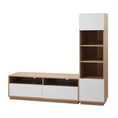 Meuble TV L.185 cm BASILLE Blanc et Imitation chêne vue de profil