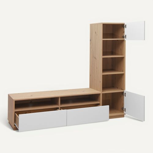 Meuble TV L.185 cm BASILLE Blanc et Imitation chêne