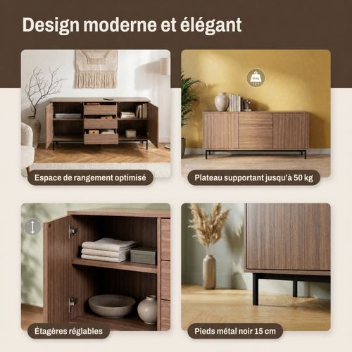 Buffet 2 portes 3 tiroirs L. 180 cm VICTOR imitation noyer vue accessoires