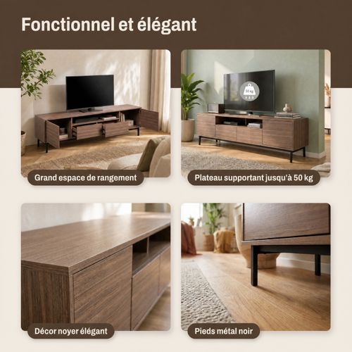 Meuble TV L.180 cm VICTOR imitation noyer vue accessoires