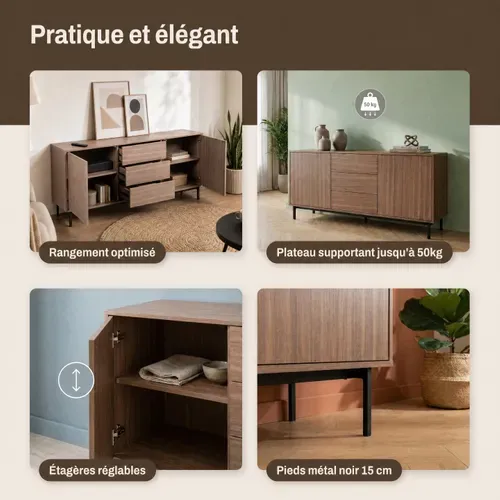 Buffet 2 portes 3 tiroirs L. 160 cm VICTOR imitation noyer vue accessoires