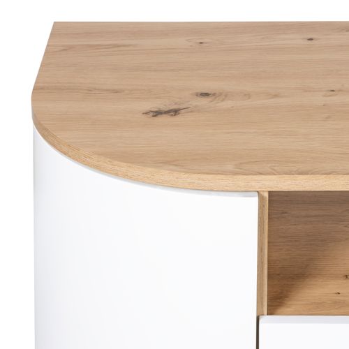 Meuble TV suspendu RONDY 140cm imitation chêne et blanc vue accessoires