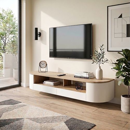Meuble TV suspendu RONDY 140cm imitation chêne et blanc vue d'ambiance 1