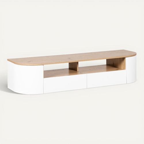 Meuble TV suspendu RONDY 140cm imitation chêne et blanc vue 3/4