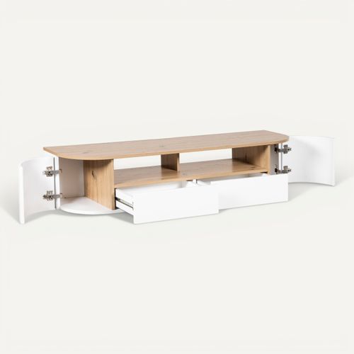 Meuble TV suspendu RONDY 140cm imitation chêne et blanc