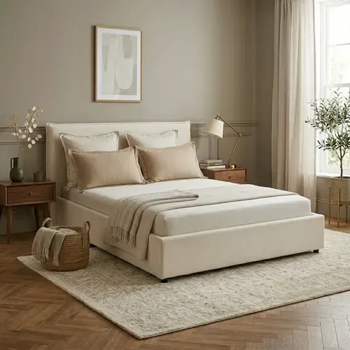 Lit coffre 160x200 cm CELINE tissu velours beige vue d'ambiance 1