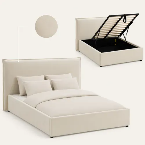 Lit coffre 140x190 cm CELINE tissu velours beige vue 3/4