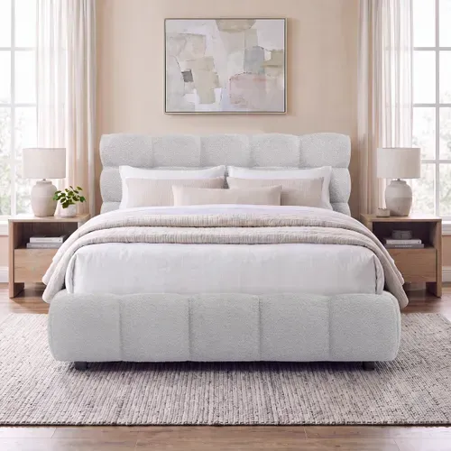 Lit coffre 140x190 cm NUAGE effet bubble tissu bouclette vue d'ambiance 1